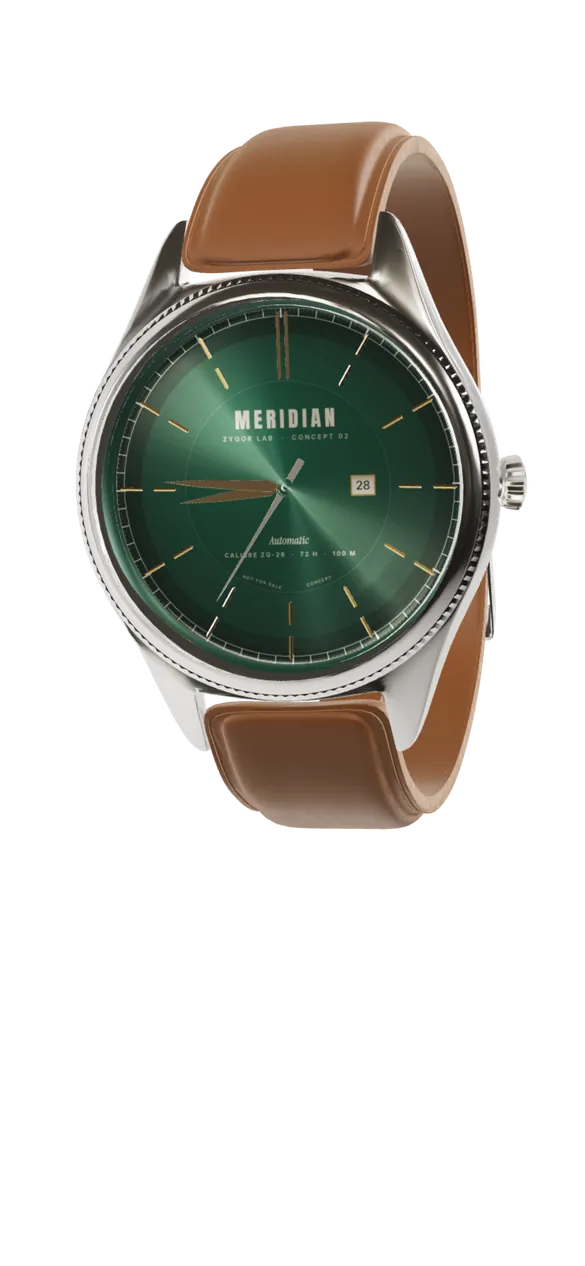 The Meridian Automatic: a steel dress watch with a fluted bezel, sunburst green dial and tan leather strap (concept)