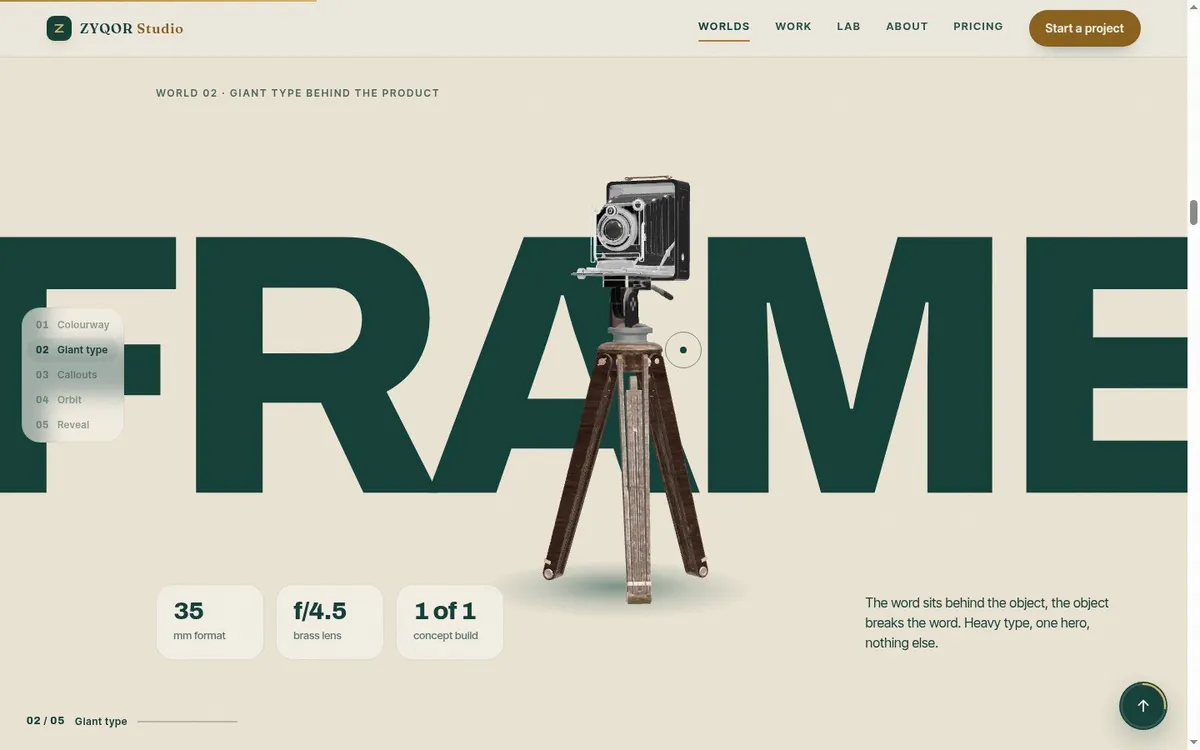 The live Zyqor Studio portfolio, Worlds section