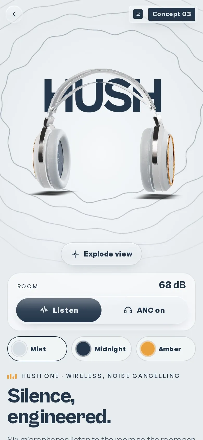 Hush One concept, first screen