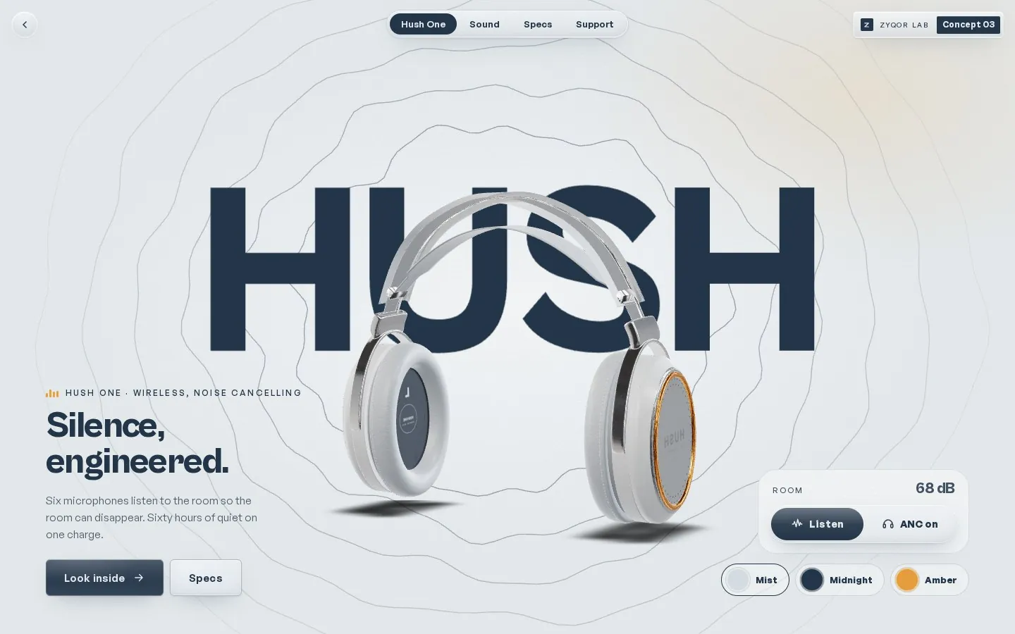 Hush One concept, first screen