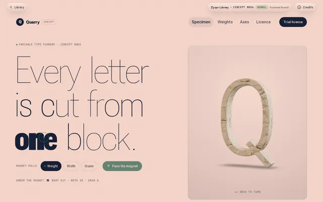 Quarry Type Foundry concept, a screenshot of its real-time 3D first screen