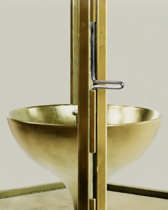 Close render of the brass oil bowl on its stem, inside the lantern frame.