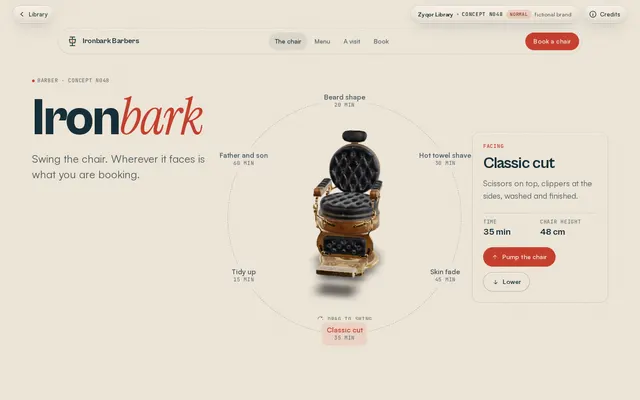 Ironbark Barbers concept, a screenshot of its real-time 3D first screen