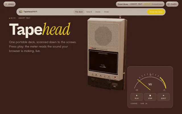 Tapehead Hi-Fi concept, a screenshot of its real-time 3D first screen