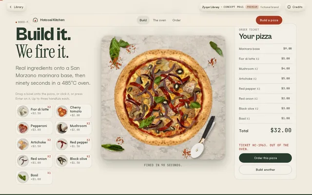 Hotcoal Kitchen concept, a screenshot of the pizza builder with toppings on the base